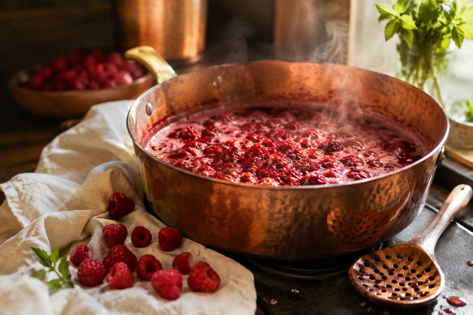 Framboises mijotant dans une bassine à confiture en cuivre avec écumoire en bois