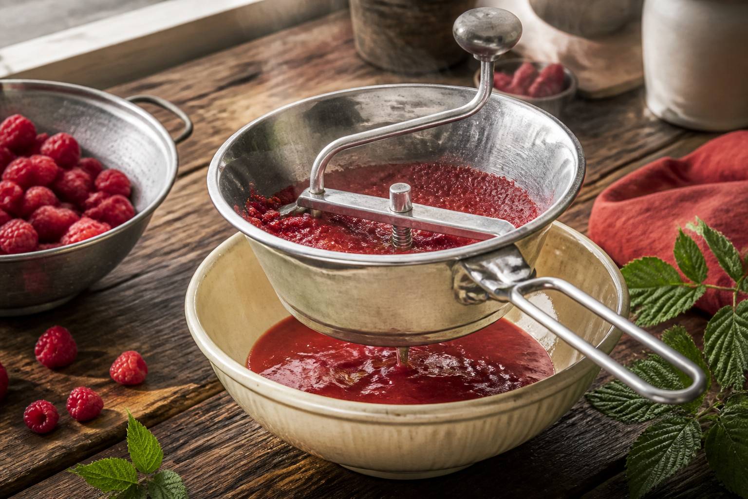 Pulpe de framboises passée au moulin à légumes à grille fine dans un saladier