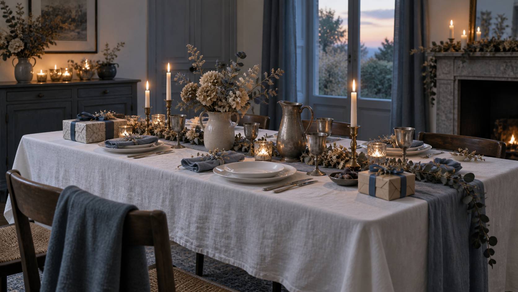 Table de fête intime décorée d'objets en étain et de bougies