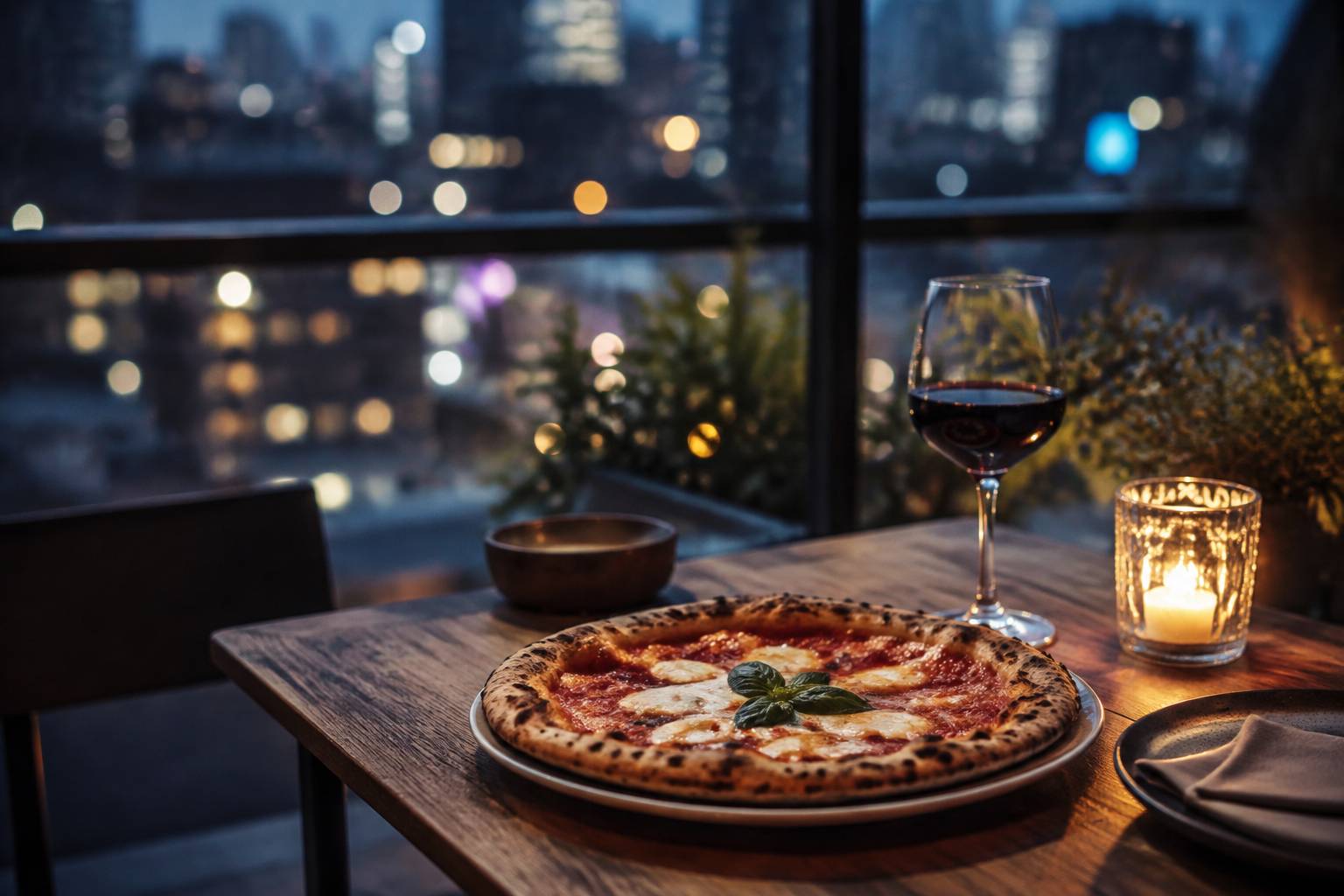 Table de terrasse avec pizza napolitaine et verre de vin rouge le soir