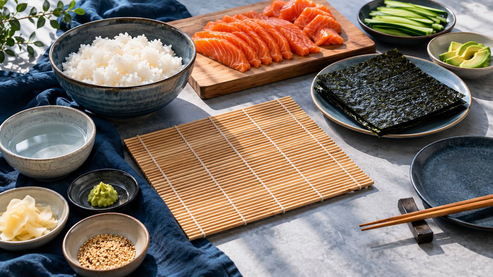 Natte en bambou, nori, riz vinaigré et lamelles de saumon pour préparer des sushis