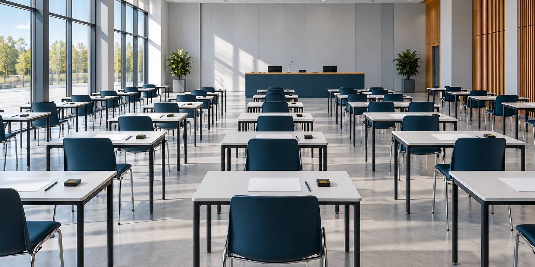 Salle de code vide avec tablettes aux cases vierges, stylo et boîtier de réponses