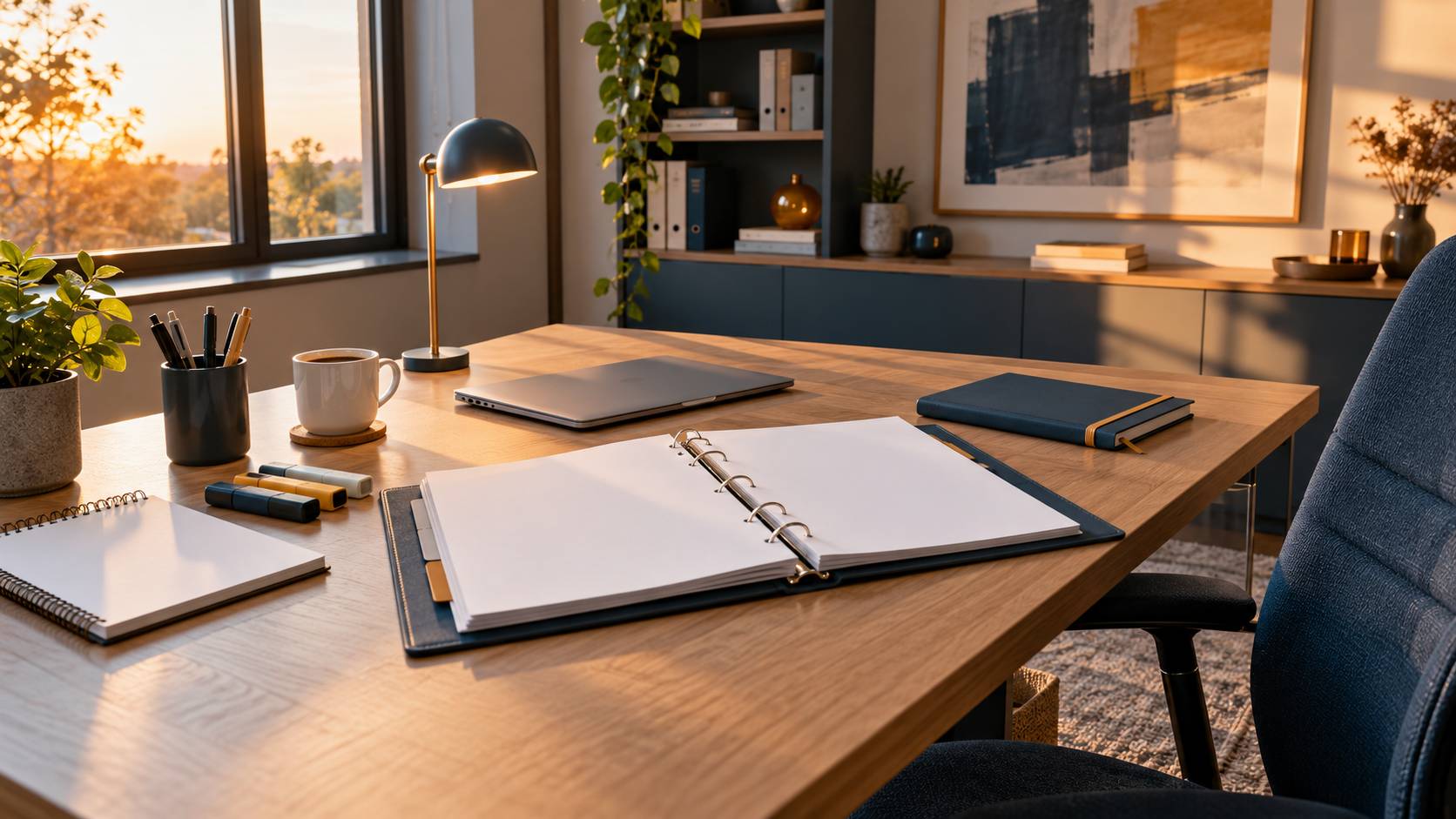 Bureau d'étude pour adulte avec classeur, bloc-notes, surligneurs et tasse de café